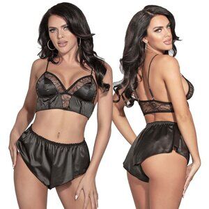 Black Satin Pajama Set Womens Size XL Bralette Bra and Shorts